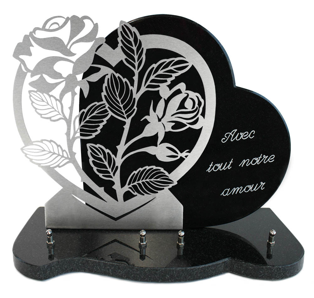 Granite heart plaque with brushed stainless steel heart motif and engraved text