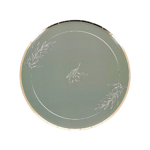 8 Assiettes Olive Oil Carton Vert de Gris et Or Ø23cm