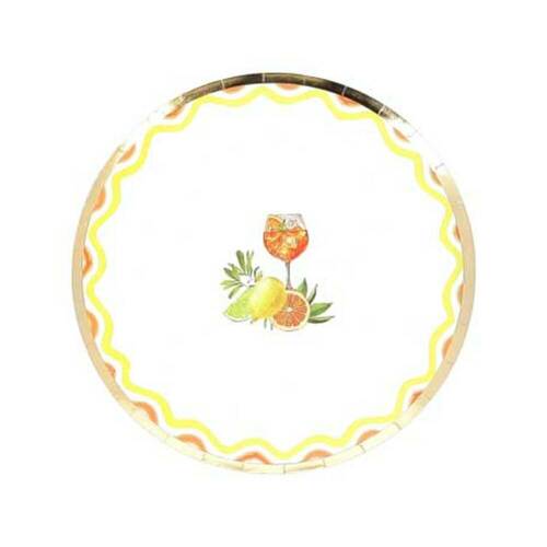 8 Assiettes Fizz Agrume Carton Crème, Orange, Jaune et Or Ø23cm