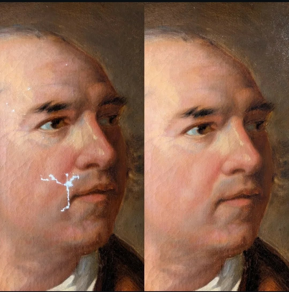 Avant/Après Retouche illusionniste d'une copie du peintre Hubert Robert par Elisabeth Vigée Lebrun