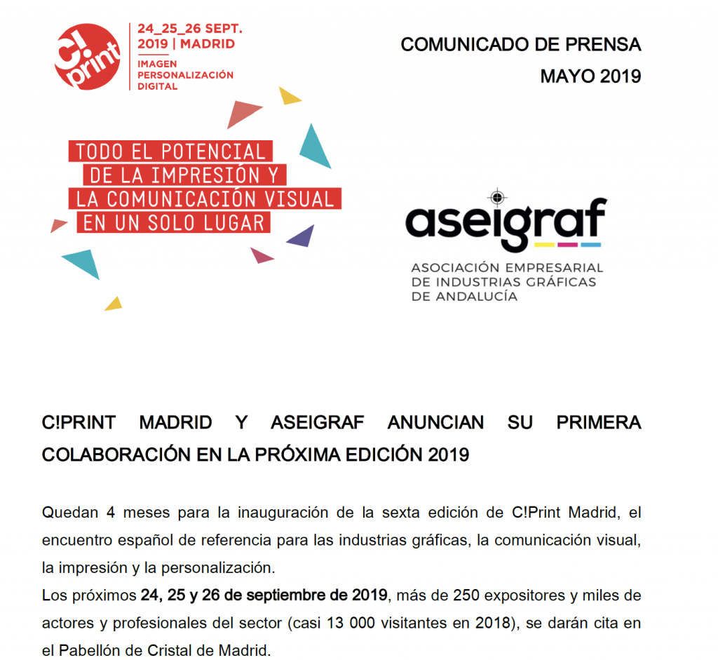 C!PRINT MADRID Y ASEIGRAF ANUNCIAN SU PRIMERA COLABORACIÓN PARA LA PRÓXIMA EDICIÓN 2019