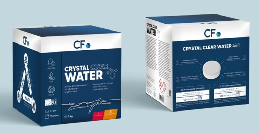 The cardboard alternative to the plastic bucket in pool treatment: CF Crystal Clear Water.