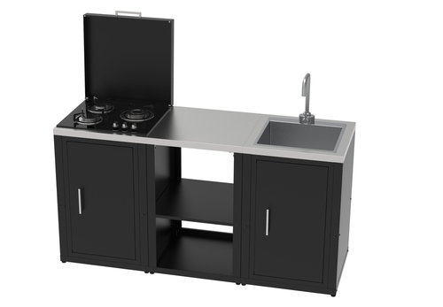 Ensemble de cuisine d'extèrieur composé de 3 modules avec plaque de gaz et étagères