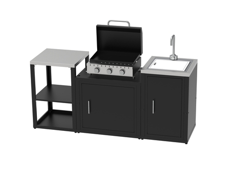 Ensemble de cuisine d'extérieur composé de 3 modules avec plancha du gaz et étagères