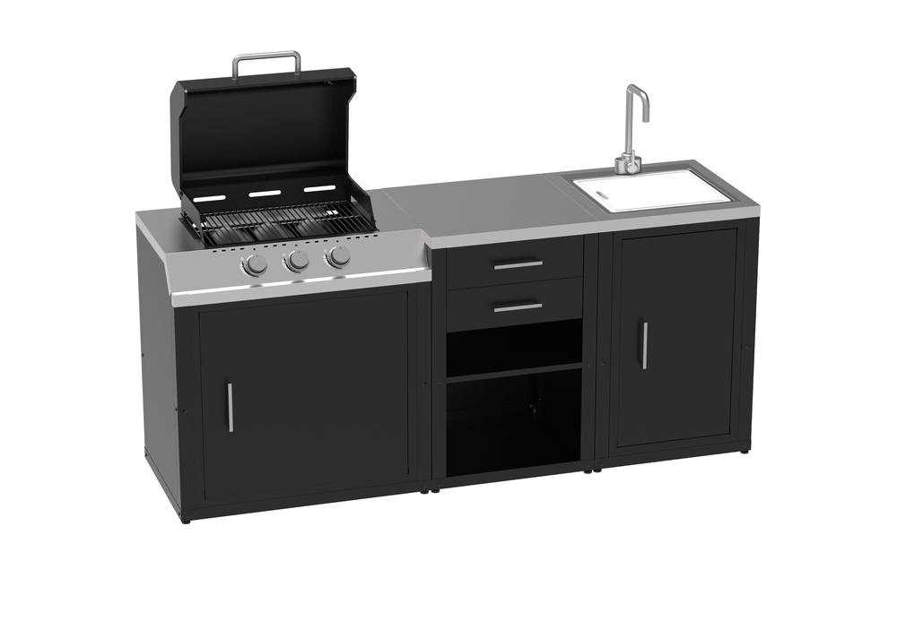 Ensemble de cuisine d'extérieur composé de 3 modules avec barbecue du gaz et tiroirs