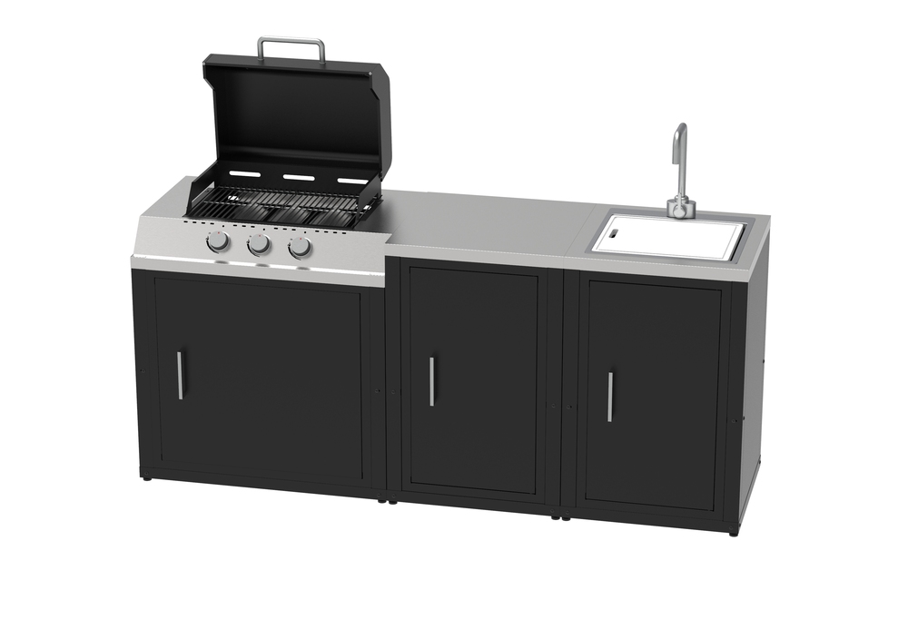 Ensemble de cuisine d'extérieur composé de 3 modules avec barbecue du gas et armoire