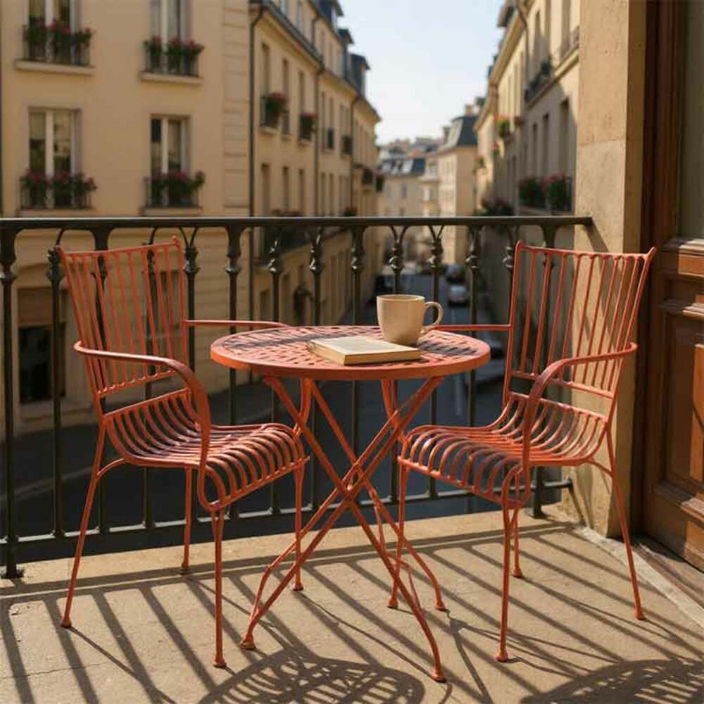 Ensemble table et 2 fauteuils fer rouge