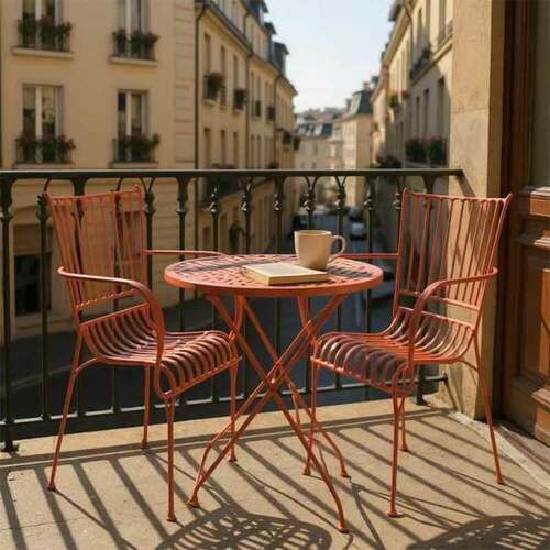 Ensemble table et 2 fauteuils fer rouge