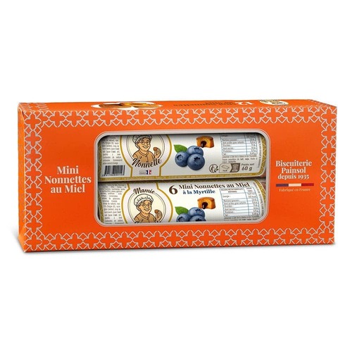 Lot de 2 rouleaux de mini nonnettes au miel fourrées myrtille – 12 pièces – 120 g – Mamie Nonnette