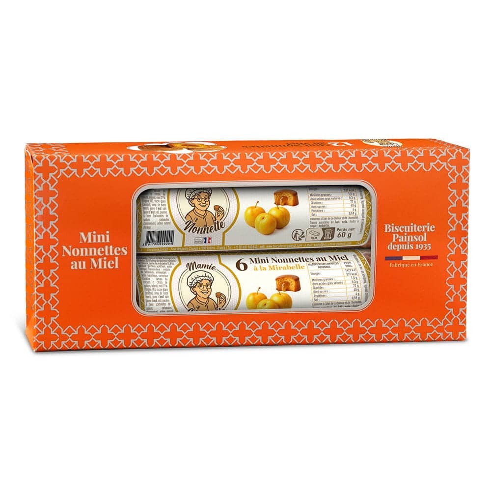 Lot de 2 rouleaux de mini nonnettes au miel fourrées mirabelle – 12 pièces – 120 g – Mamie Nonnette