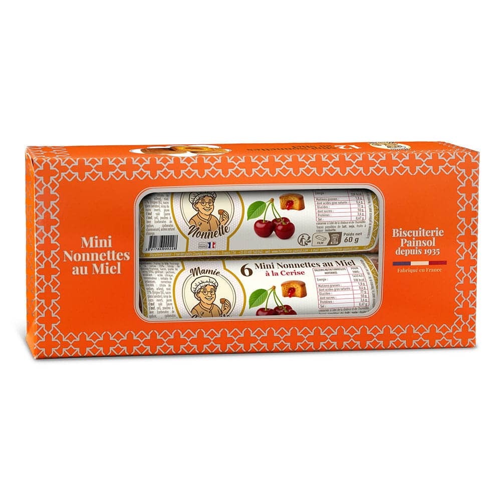 Lot de 2 rouleaux de mini nonnettes au miel fourrées cerise – 12 pièces – 120 g – Mamie Nonnette