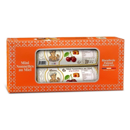 Lot de 2 rouleaux de mini nonnettes au miel fourrées cerise – 12 pièces – 120 g – Mamie Nonnette