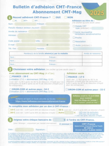 Feuille Adhésion association Charcot-Marie-Tooth 2025