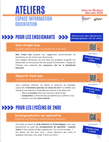  Ateliers "orientation" proposés par les équipes du Rectorat d'Aix-Marseille et de l'Onisep