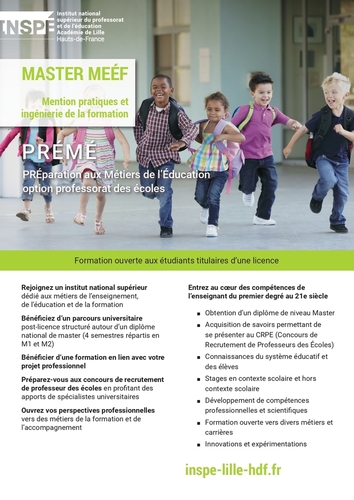 Plaquette de formation - Master MEÉF - Mention Pratiques et Ingénierie de la Formation - Parcours Préparation aux Métiers de l'Éducation - Option Professorat des Écoles