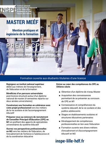 Plaquette de formation - Master MEÉF - Mention Pratiques et Ingénierie de la Formation - Parcours Préparation aux Métiers de l'Éducation - Option Conseiller Principal d'Éducation