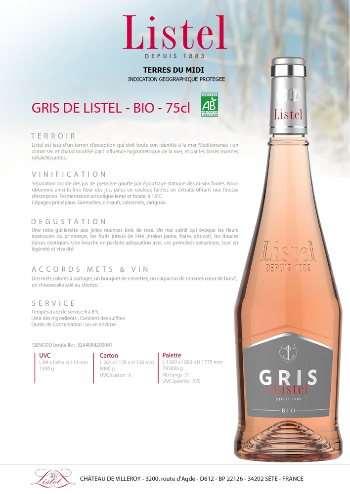 IGP GRIS DE LISTEL BIO 75CL
