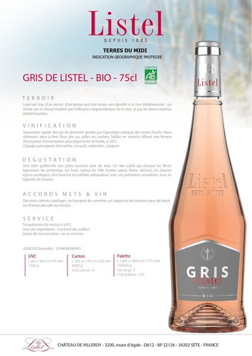 IGP GRIS DE LISTEL BIO 75CL