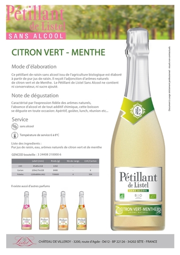 PETILLANT DE LISTEL SANS ALCOOL BIO CITRON VERT MENTHE 75CL